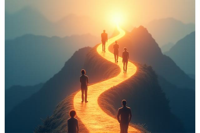 Personnes marchant sur un chemin en spirale symbolisant le changement