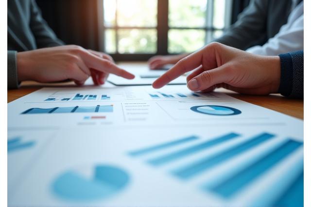 Graphiques financiers et mains pointant sur un rapport